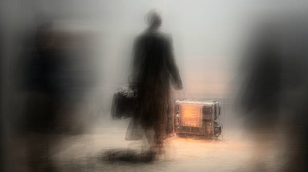 Person in motion, holding briefcase passing transparent machine object emitting a warm light as indistinct figures pass through soft hazy atmosphere.