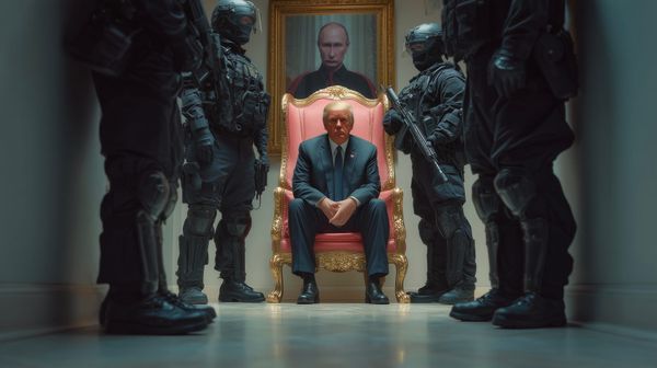trump in a suit sitting on an ornate golden chair, flanked by four armed tactical officers in full black gear, with a portrait of putin on the wall behind them.