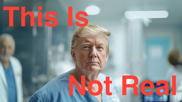 "This Is Not Real" in big red letters over U.S. President Trump wearing blue medical scrubs, standing in a hospital setting with medical equipment and staff blurred in the background.