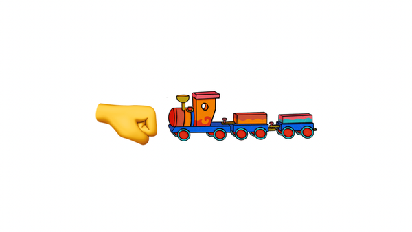 Right facing fist emoji next to a colorful illustration of a toy train with an orange engine and two cargo cars.