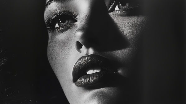 A black-and-white close-up of a person's face with dramatic lighting, long eyelashes, and glossy lips.