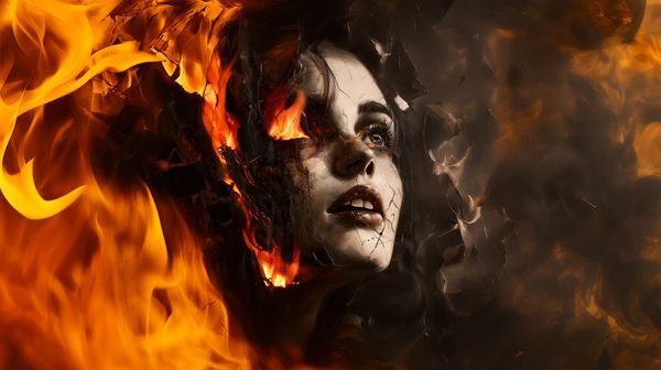 A person with a cracked white face surrounded by flames burning through one of their eyes and the surroundings.
