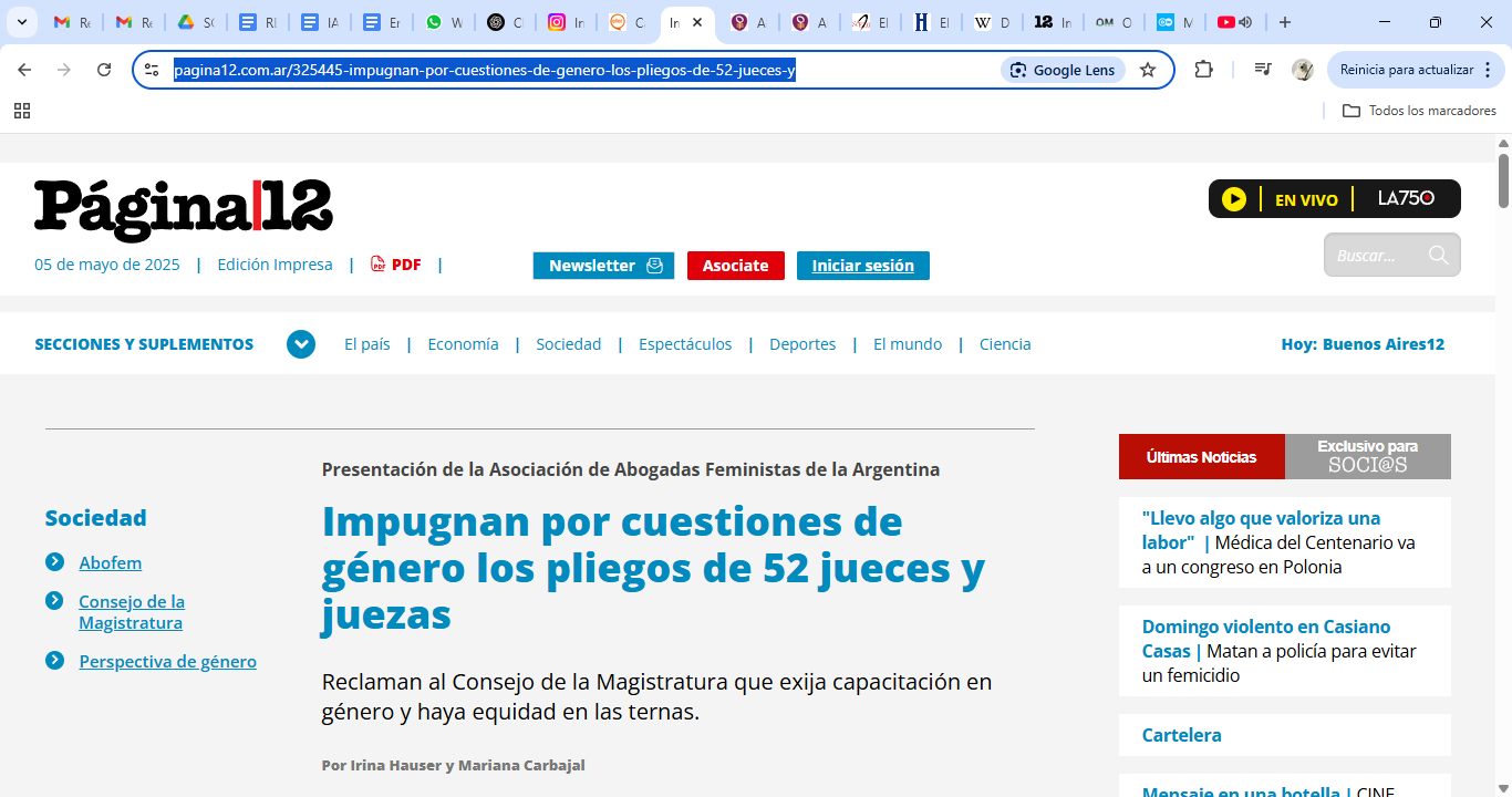 Screenshot de nota digital de pagina 12 el 23 de febrero del 2021