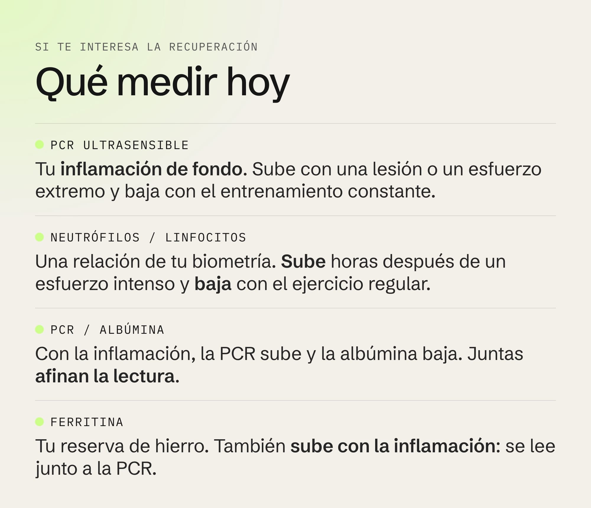Qué medir si te interesa la recuperación: PCR ultrasensible, relación neutrófilos/linfocitos, relación PCR/albúmina y ferritina