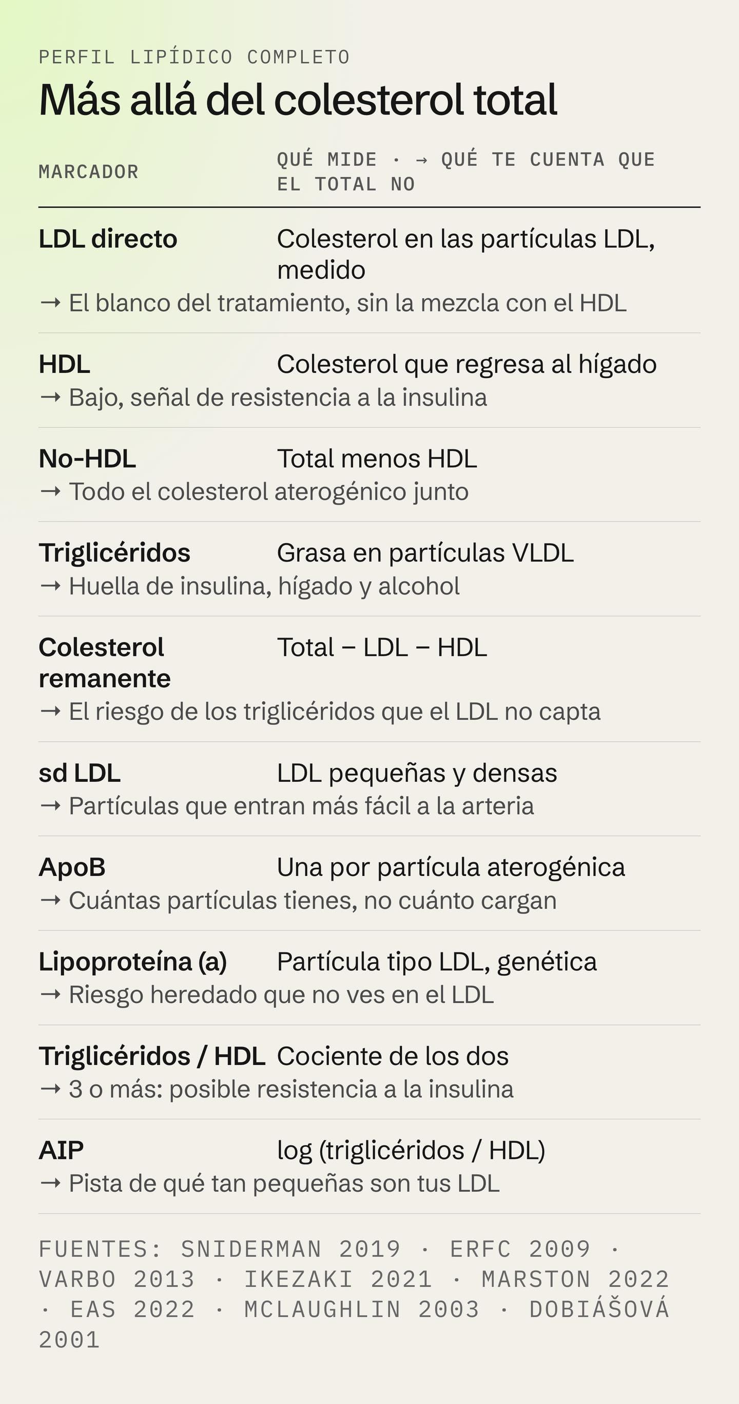 Tabla Más allá del colesterol total: qué mide el LDL directo, el HDL, el colesterol no-HDL, los triglicéridos, el colesterol remanente, sd LDL, ApoB, lipoproteína (a) y las relaciones del perfil lipídico, y qué cuenta cada uno que el colesterol total no