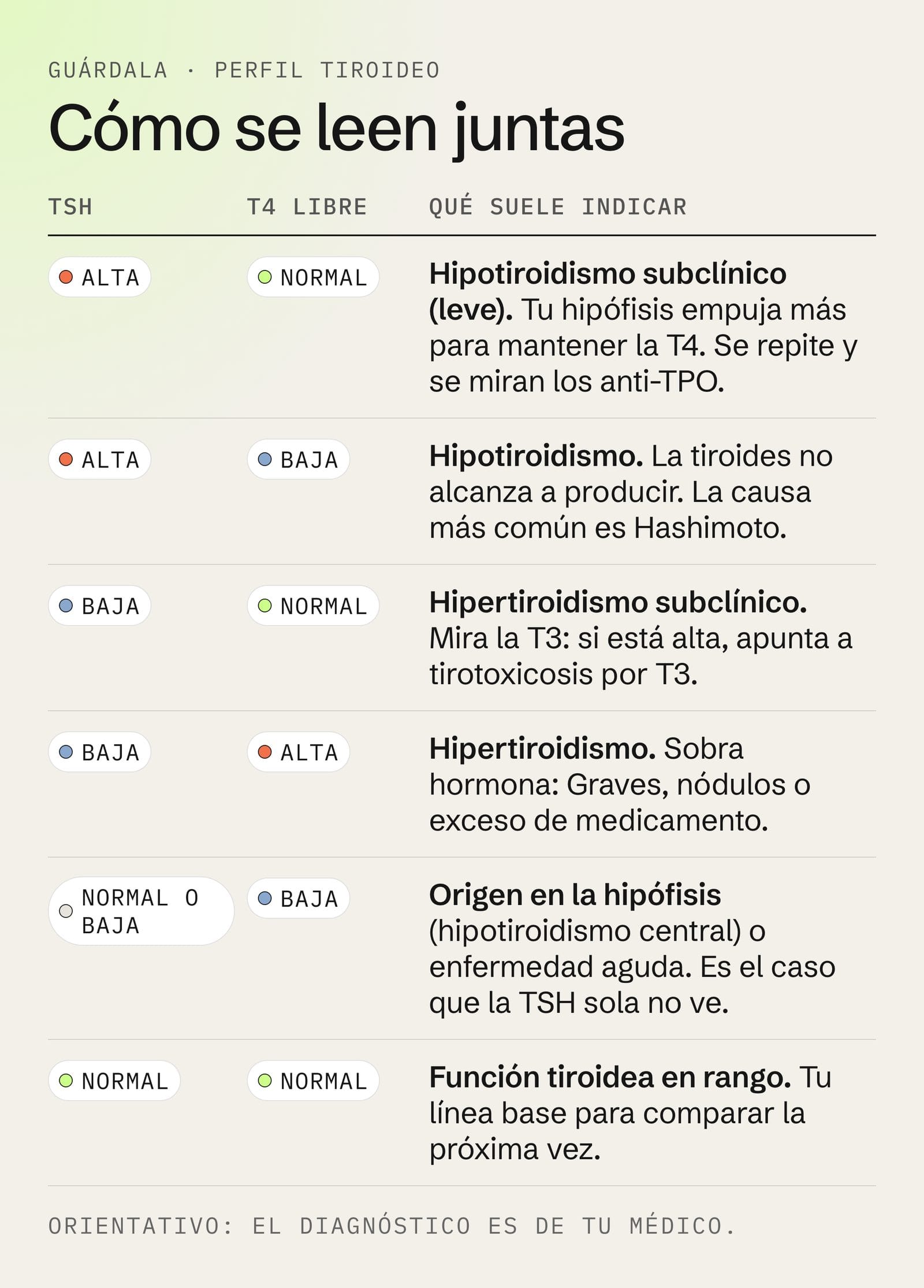 Tabla para interpretar el perfil tiroideo: combinaciones de TSH y T4 libre y qué suele indicar cada una