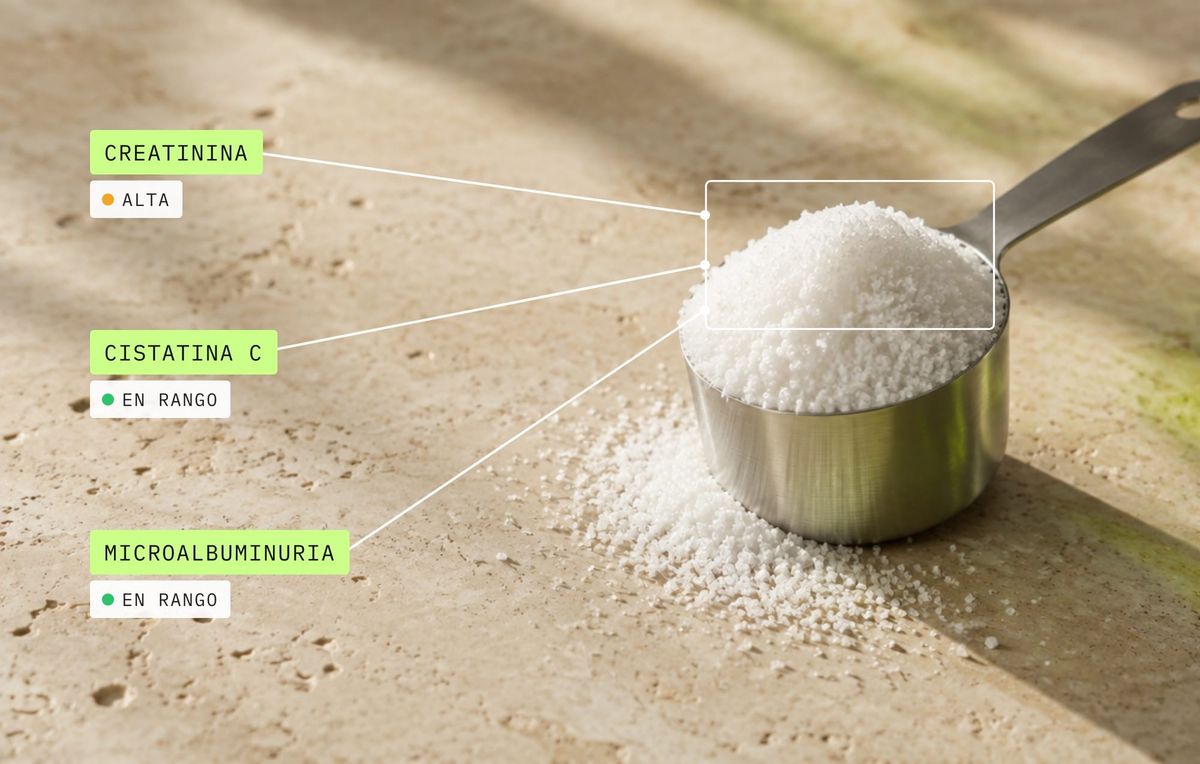 Creatina en una cuchara medidora con etiquetas de biomarcadores: creatinina alta, cistatina C y microalbuminuria en rango