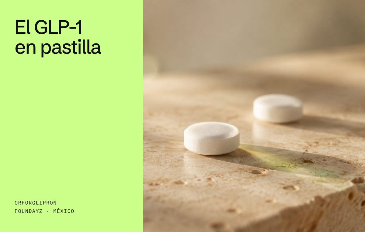 Orforglipron, el GLP-1 en pastilla: panel lima con el título y foto de la pastilla