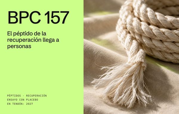 BPC 157, el péptido de la recuperación: panel lima con el título y una cuerda de algodón con las fibras abiertas, como las de un tendón