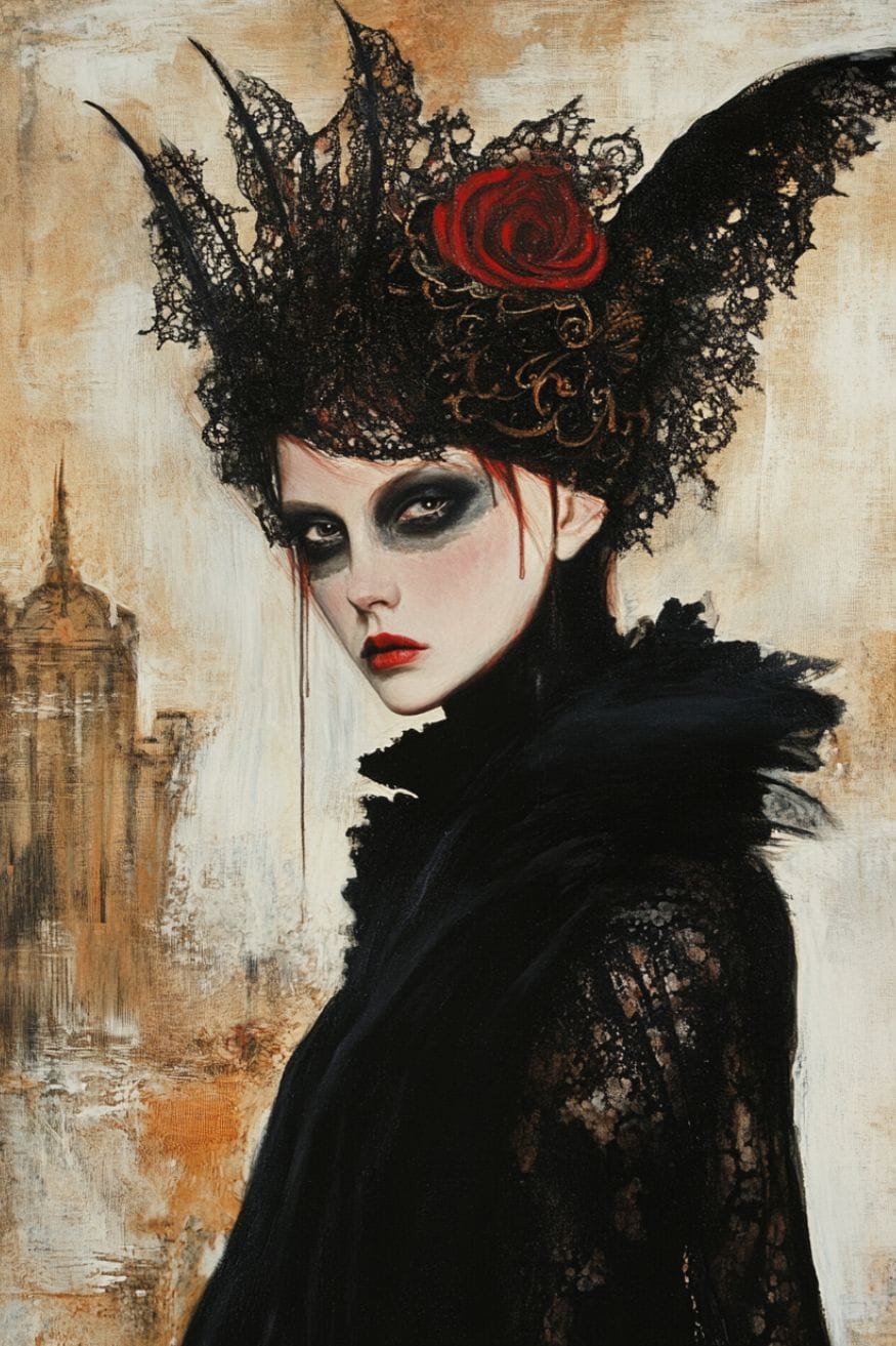 A painting of a woman wearing all black and a head dress with a rose in it with blood dripping down her face