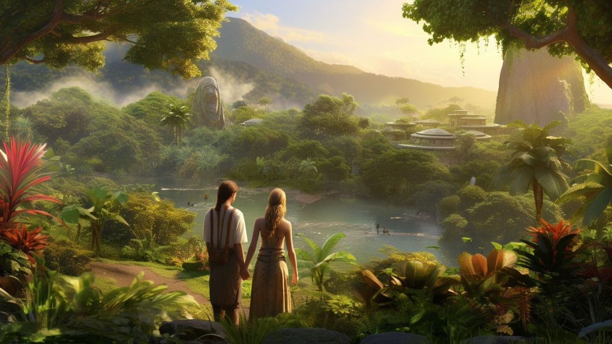 Illustration of a Man and Woman Admiring a Futuristic Forest Planet - FREE Download