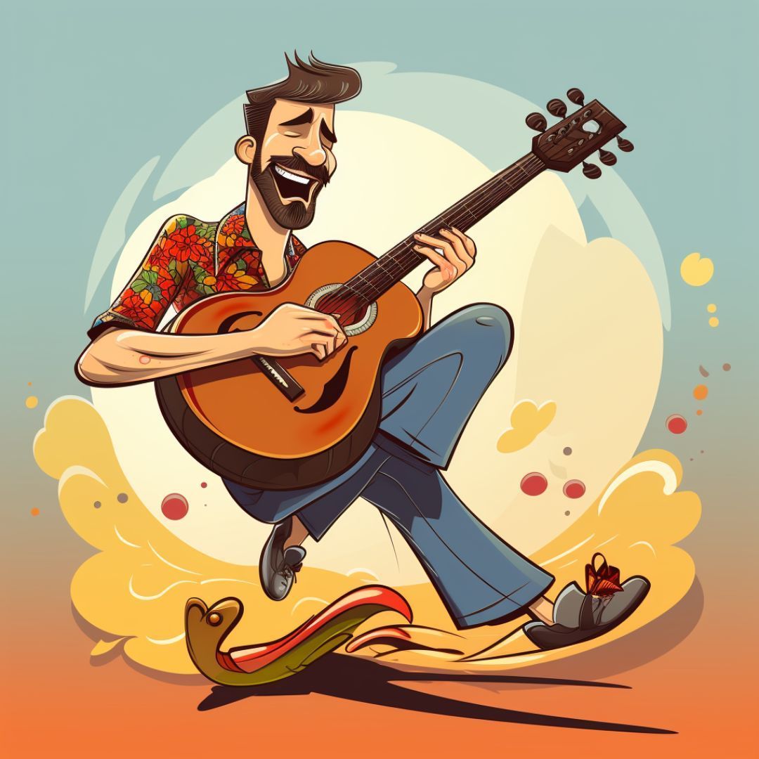 Cartoon of a relaxed smiling man playing guitar - Free Download