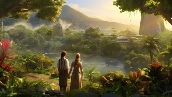 Illustration of a Man and Woman Admiring a Futuristic Forest Planet - FREE Download