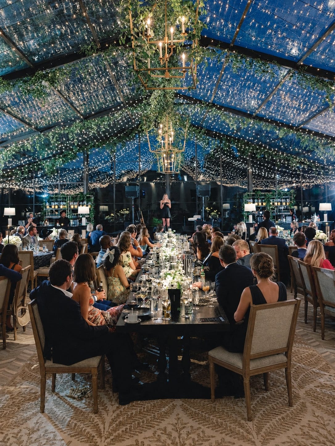 Guests at a long reception table inside a clear tent strung with lights and greenery while a speaker gives a toast