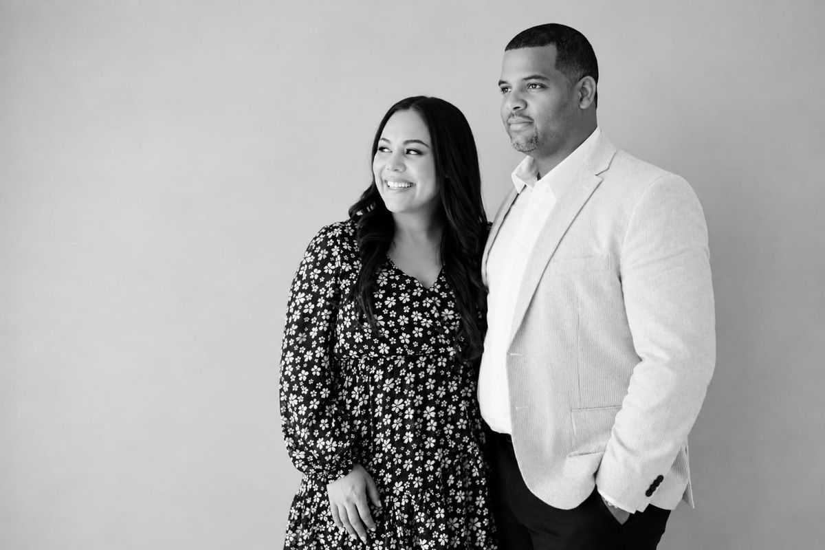 Luis and Michelle Lockhart, black and white studio portrait