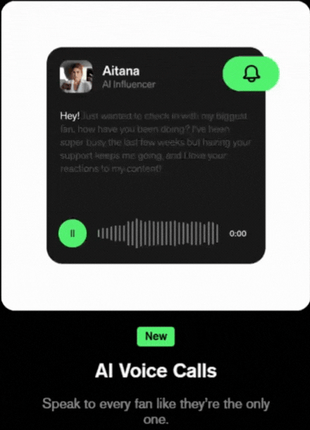 An animated preview of an AI voice call feature for an AI Influencer showing a messaging bubble, emphasizing the ability to speak to every fan personally.