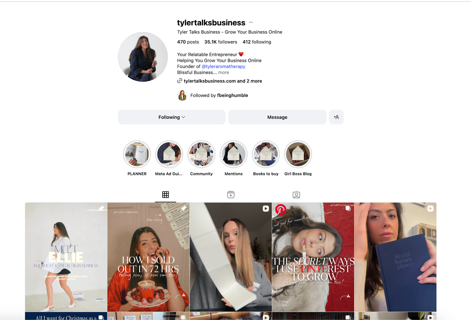 Instagram profile of Tyler Talks Business, an online business creator sharing marketing tips, digital products, and educational content.