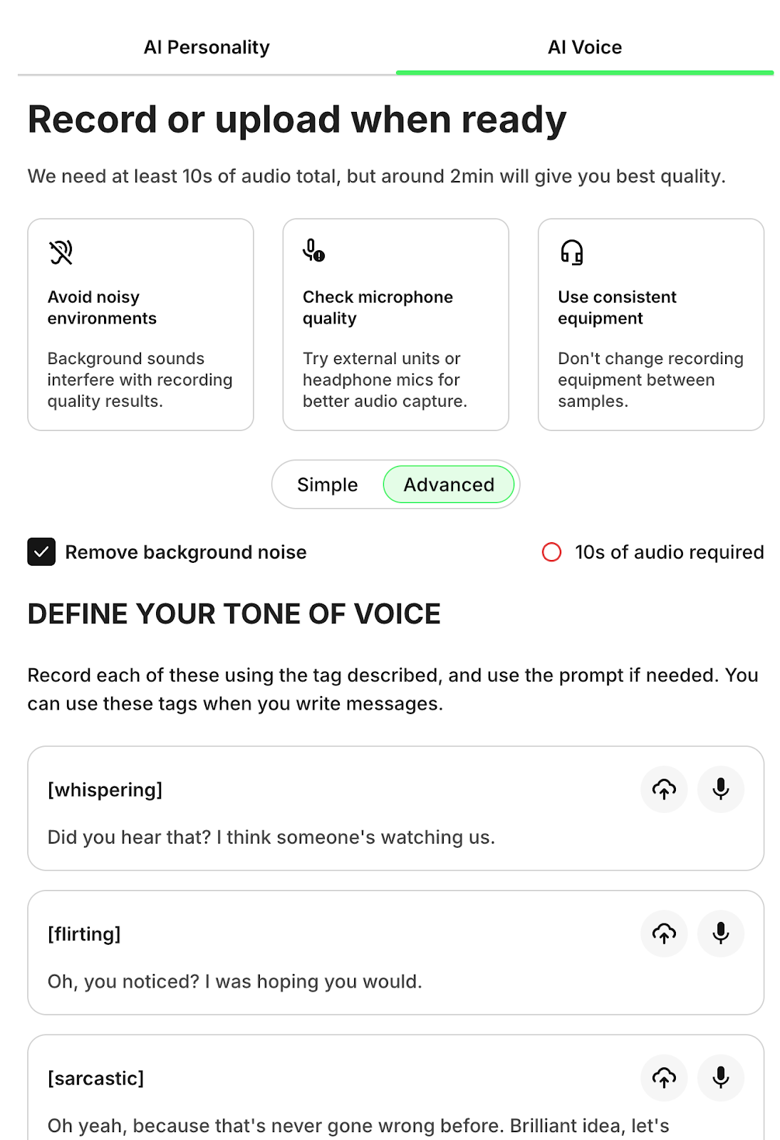 Screenshot of Fanvue’s AI Voice generator interface, showing instructions for recording and uploading an existing voice and defining its tone