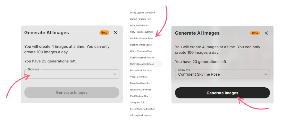 Screenshot of Fanvue’s AI Image Generator interface, showing a list of scenes users can select and information about how many images they can create per day.