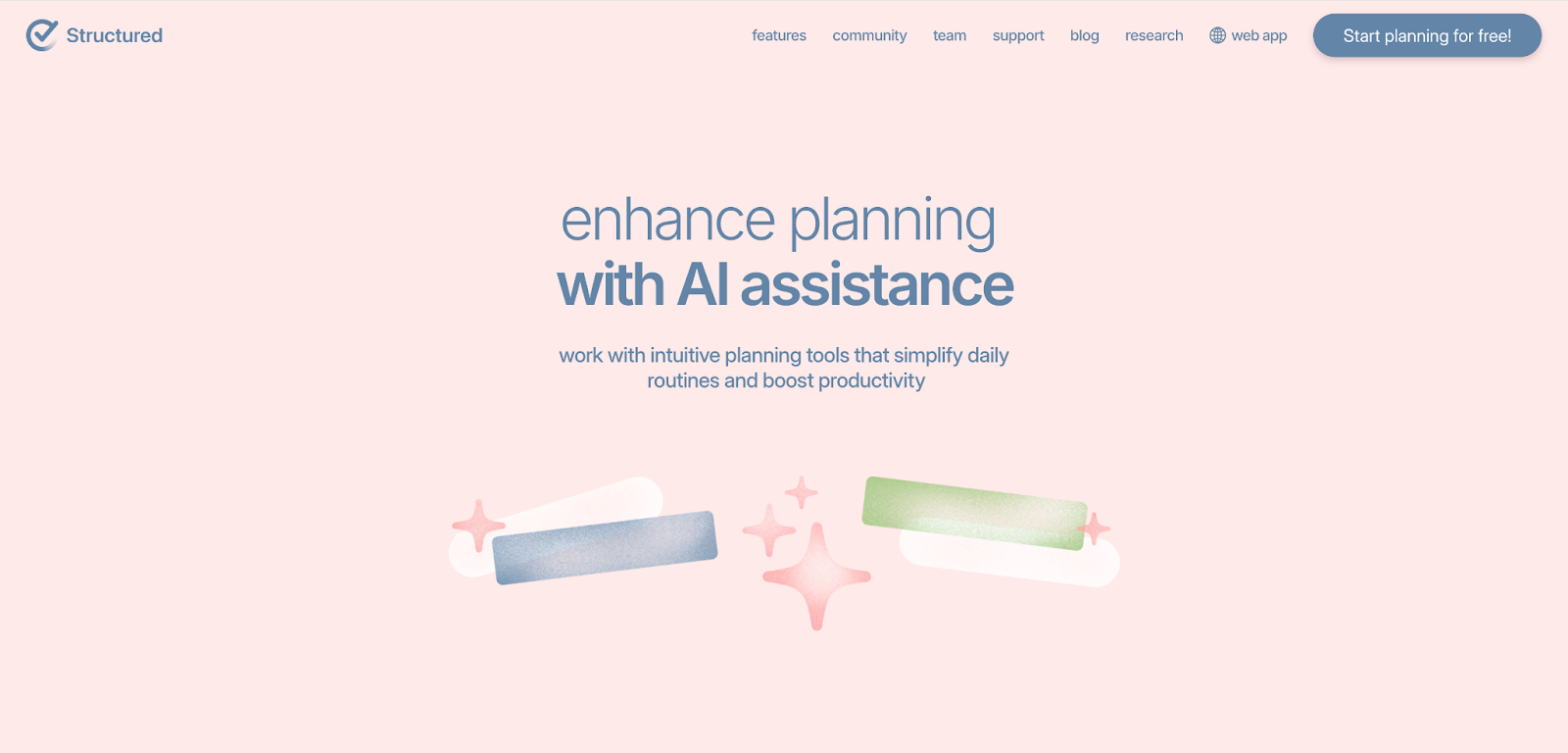 Screenshot of Structured.app’s site, featuring a light-pink background with blue text reading, “Enhance planning with AI assistance”