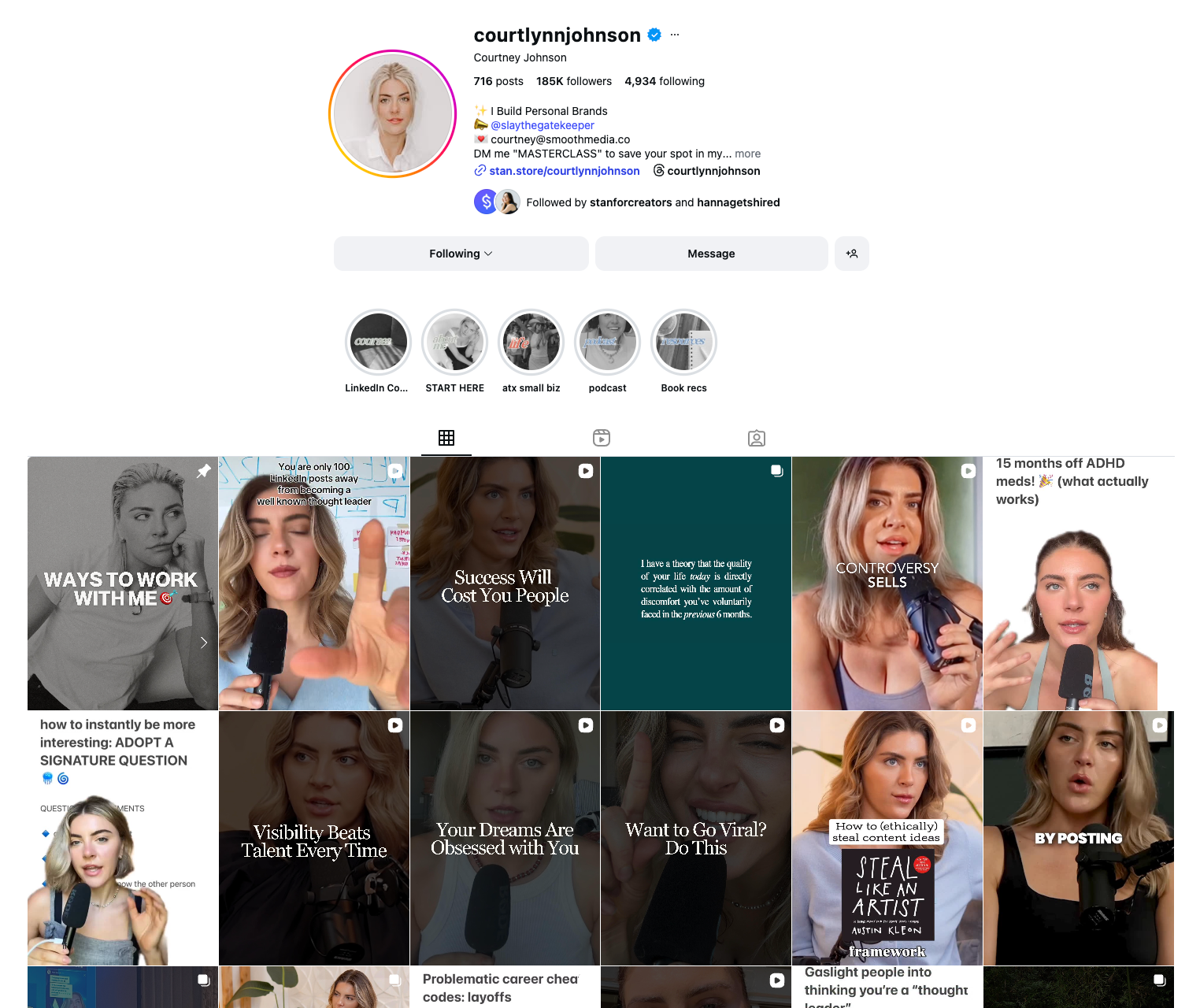 Instagram profile of a content creator, Courtney Johnson, showing personal branding, educational reels, and business focused posts through short form video content and thought leadership posts.