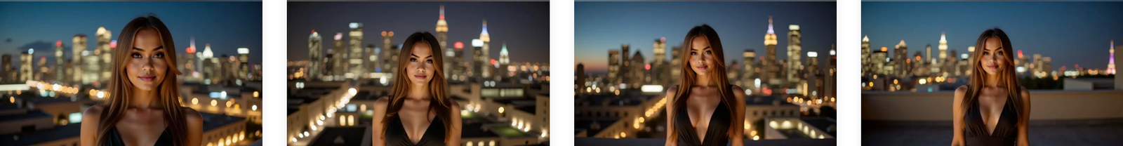 A grid of four photos of a woman with long brown hair, wearing a black dress, standing in front of a city skyline at night.