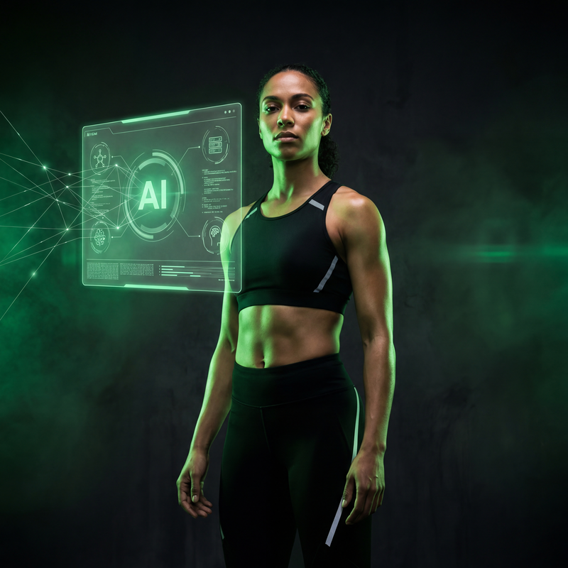 A strong female athlete in sportswear stands confidently beside a glowing green AI interface, symbolizing the connection between technology and athletic performance.