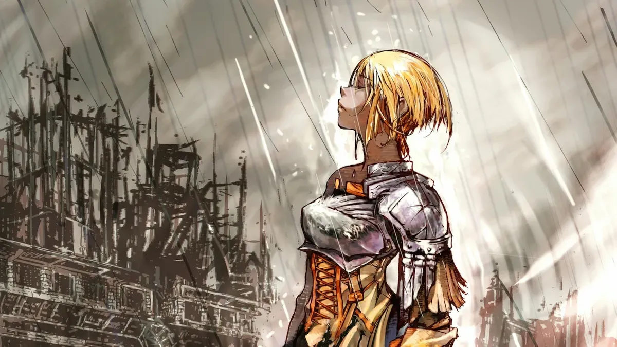 A blond woman in armor with her eyes closed as the rain pours