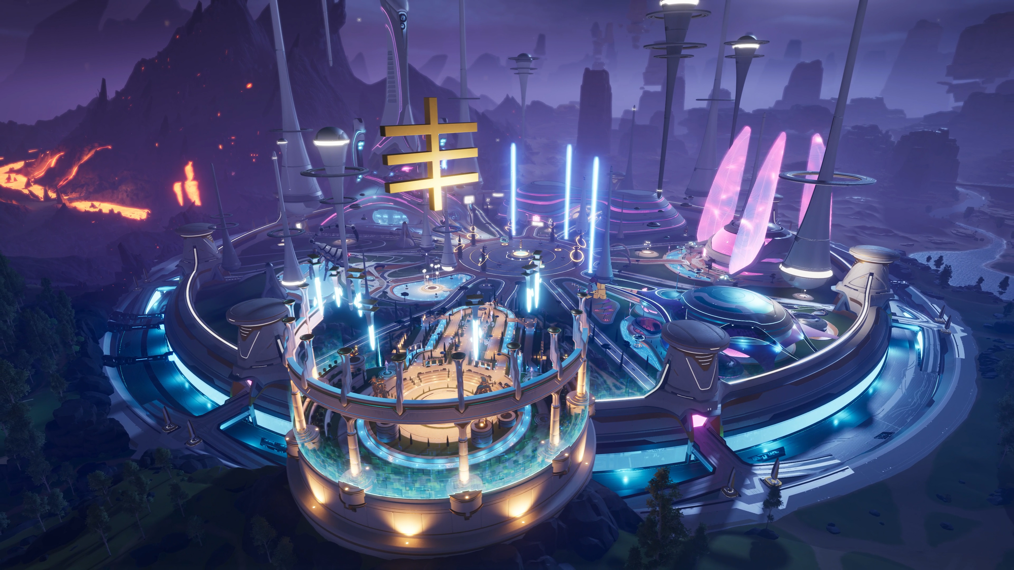 A hub area of Everywhere with a giant hovering Build A Rocket Boy logo overlooking the city.