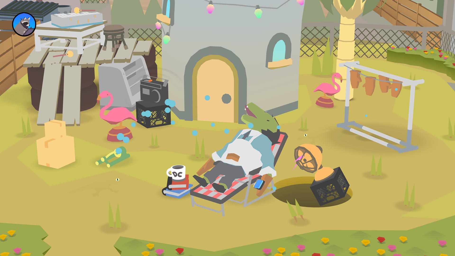 Donut County screenshot shows a resident sleeping on the lawn as a hole swallows up his fan
