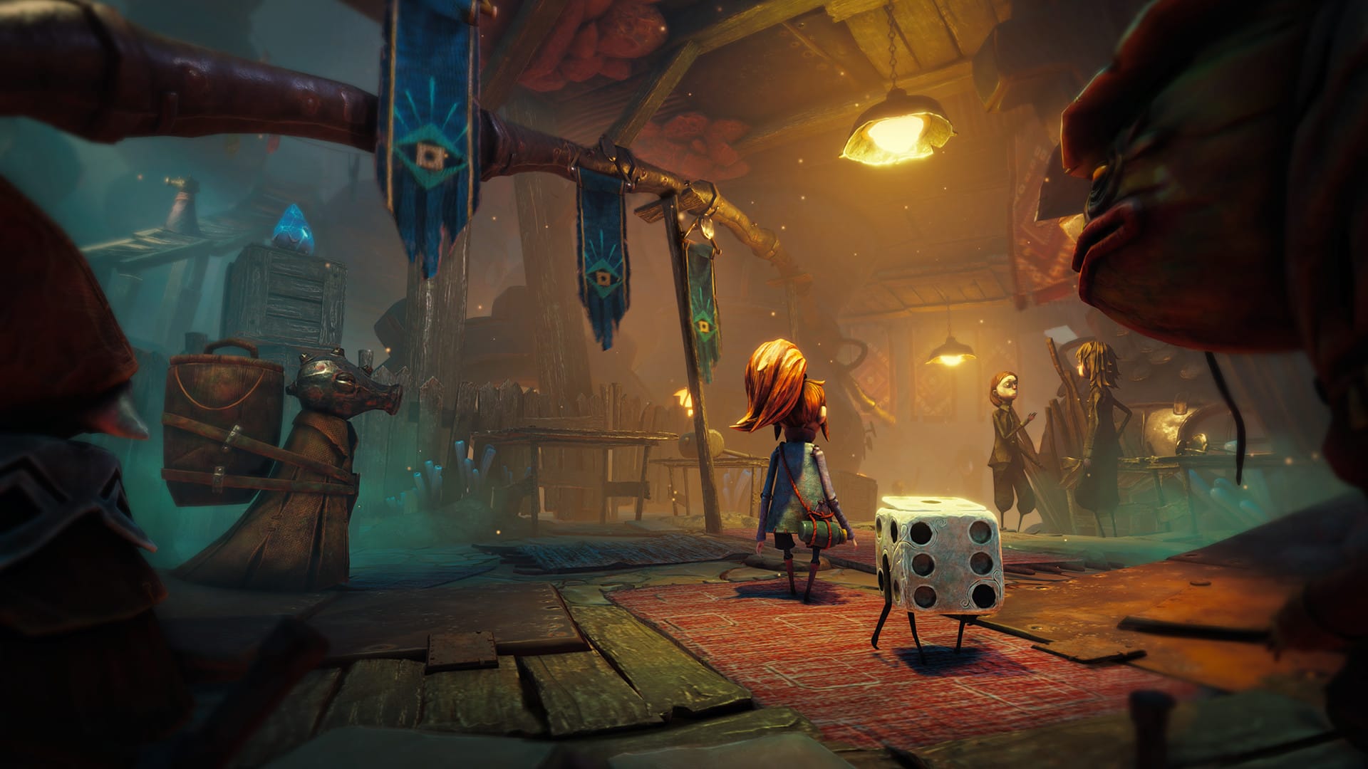 A young girl and sentient dice walking through a town