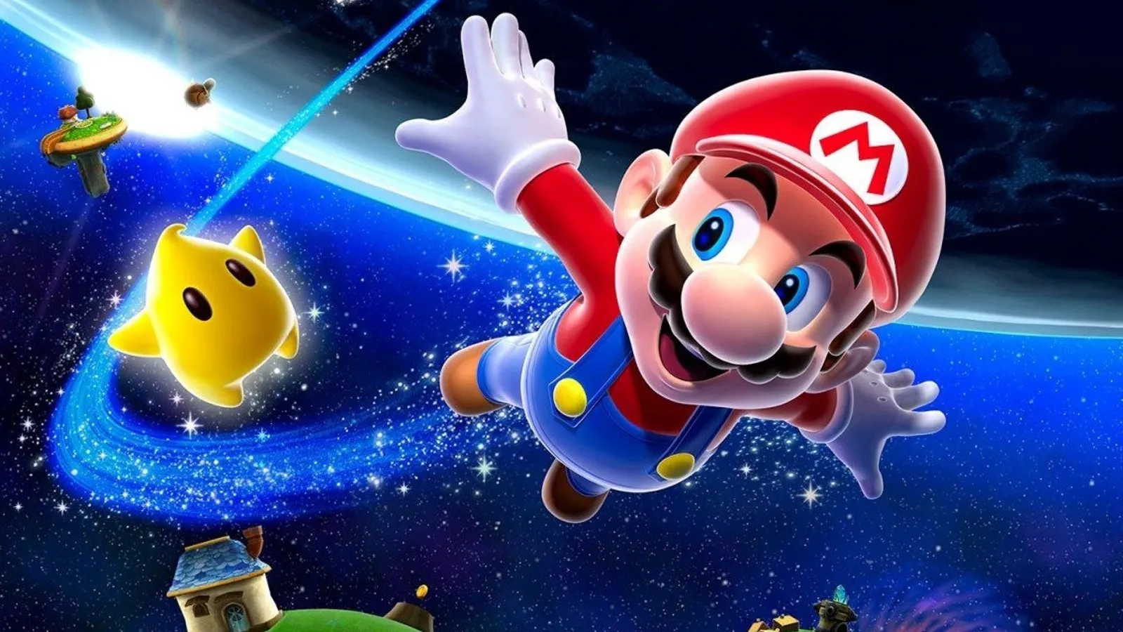 Mario floating through space with a floating yellow star-shaped creature next to him