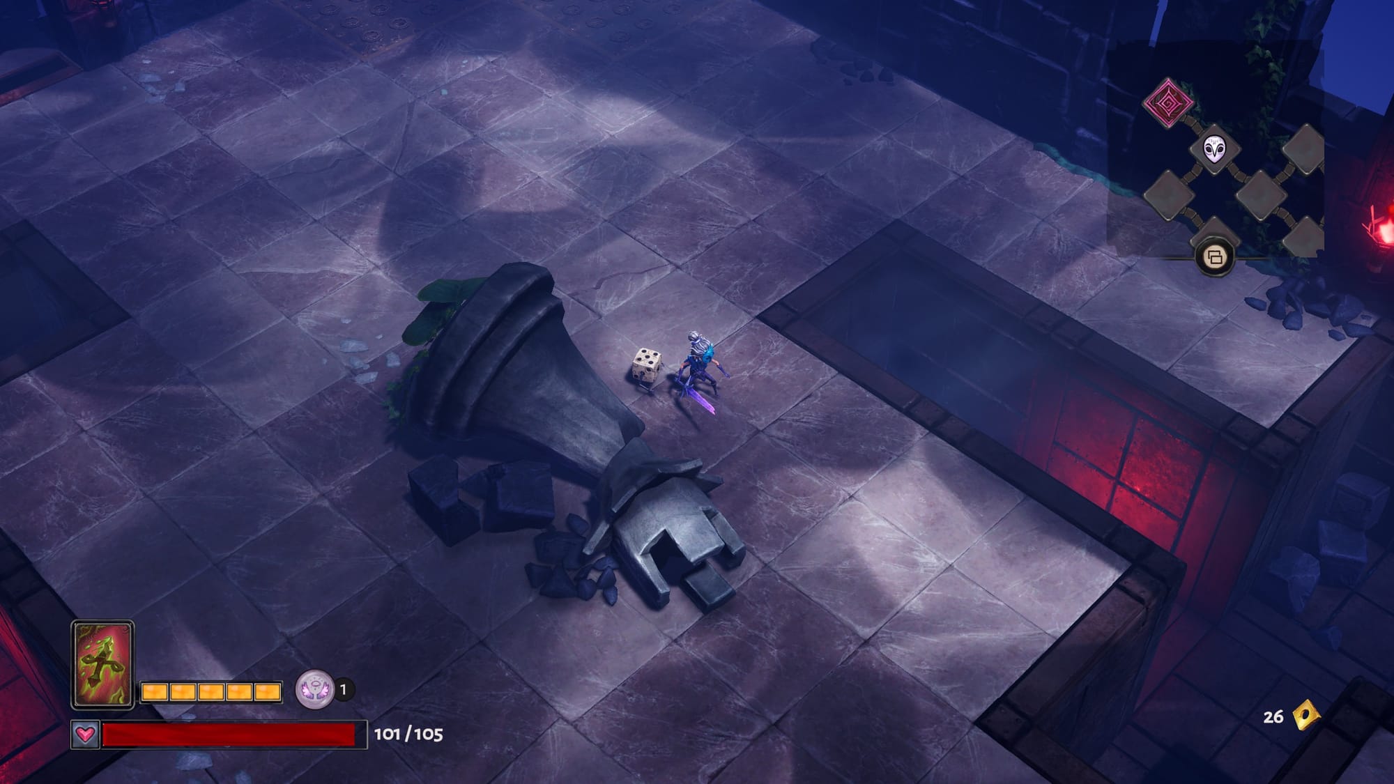 A girl and a sentient dice standing next to a broken chess piece