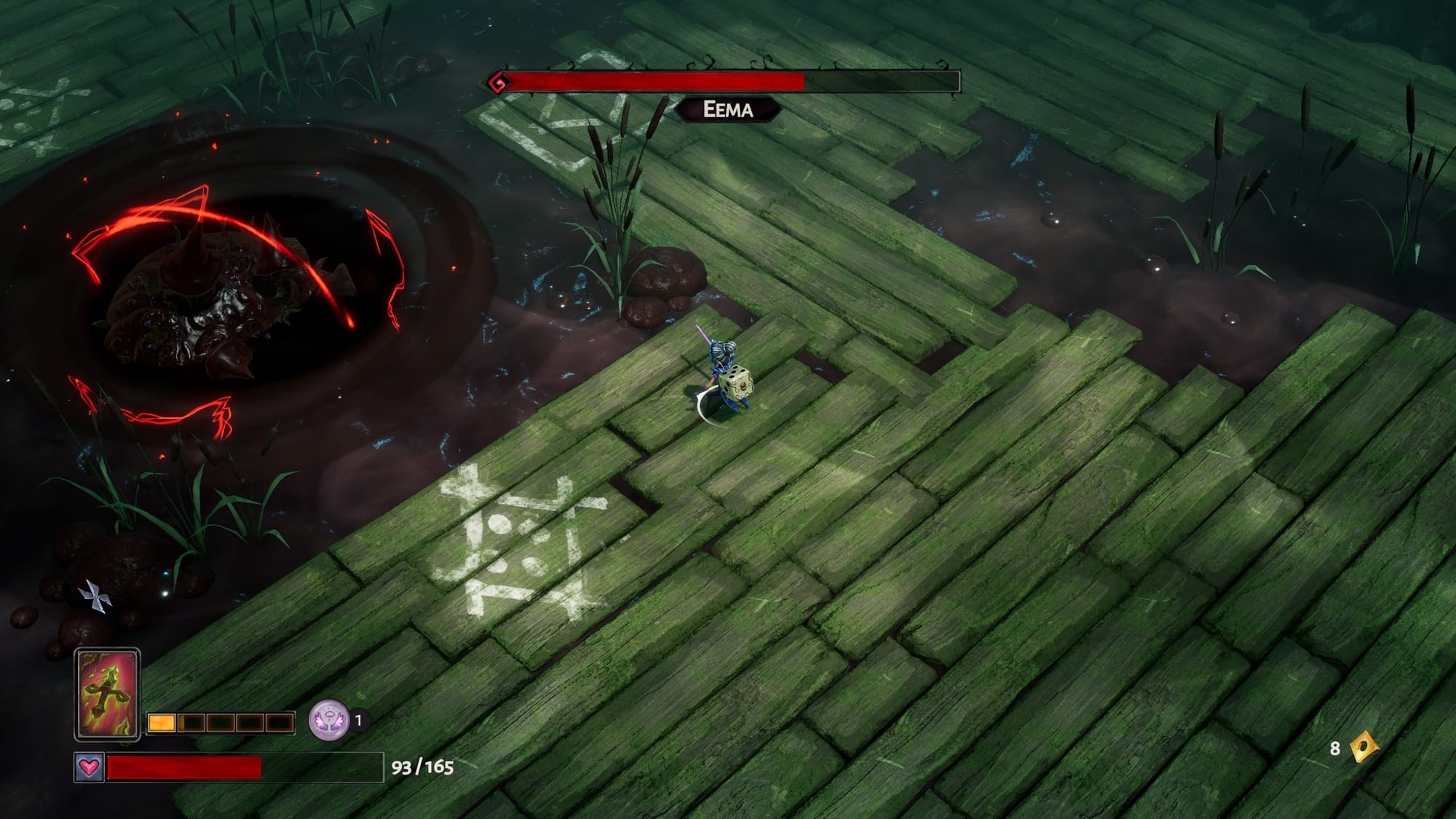 Aleksandra fighting a giant swamp monster called Eema.