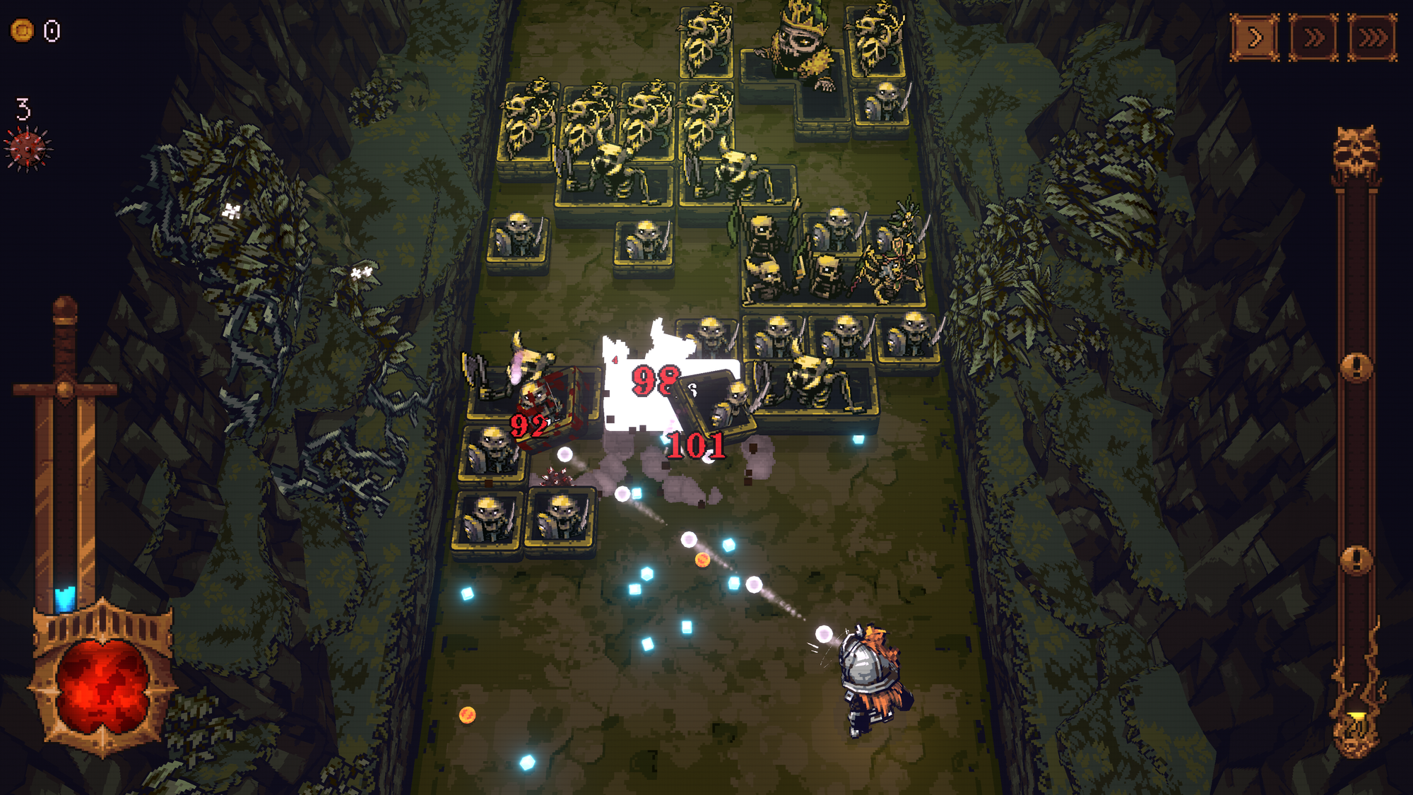 A character firing balls at waves of skeletal foes heading towards them in a straight path