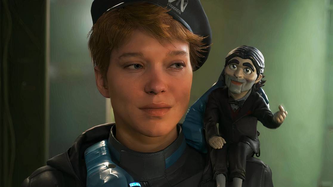 Small puppet man sat on the shoulder of a woman