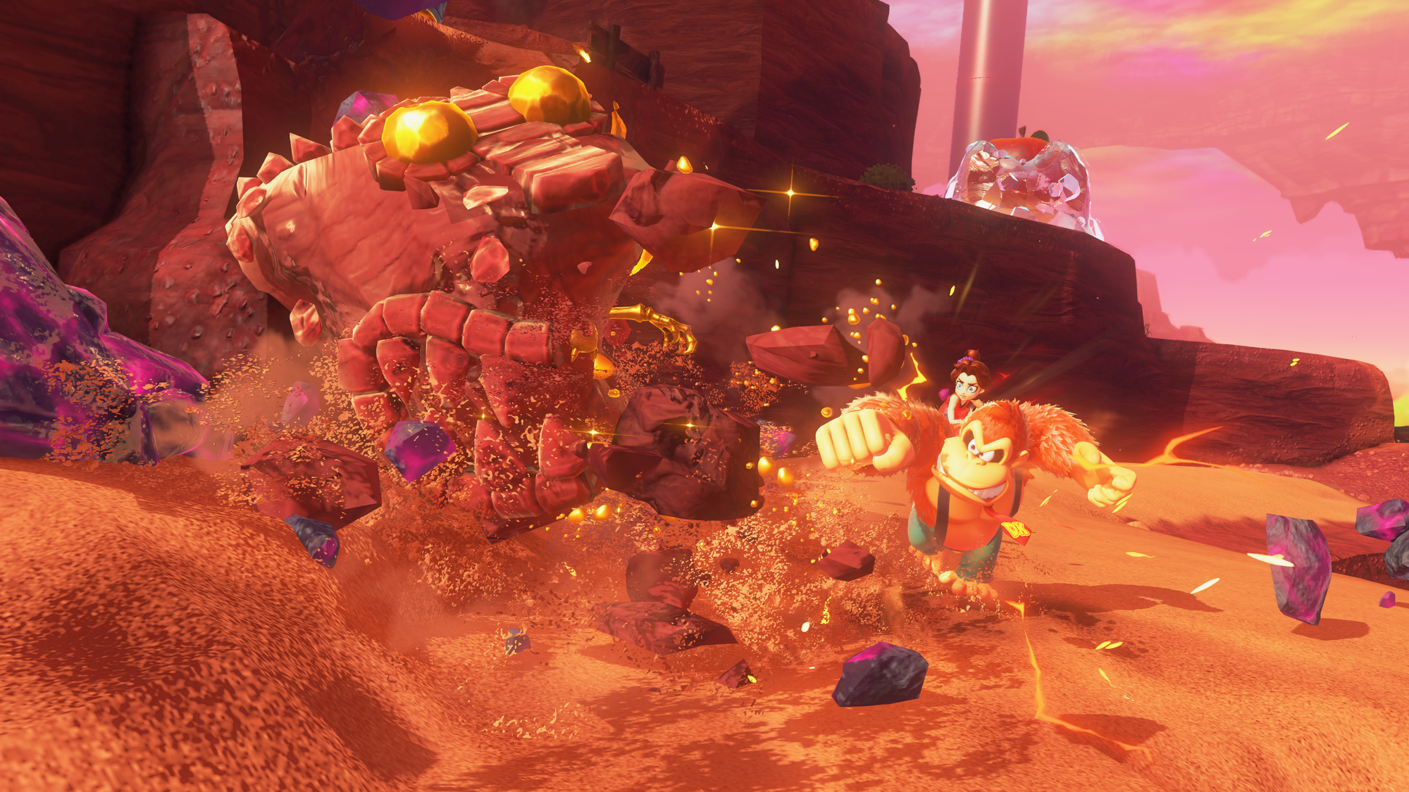 Donkey Kong and a small girl on his shoulder punching a rocky enemy with gold eyes