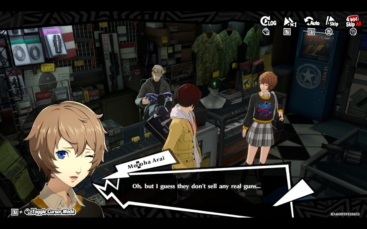 The protagonist and Motoha Arai visiting the weapon store in Central Street in Persona 5: The Phantom X.