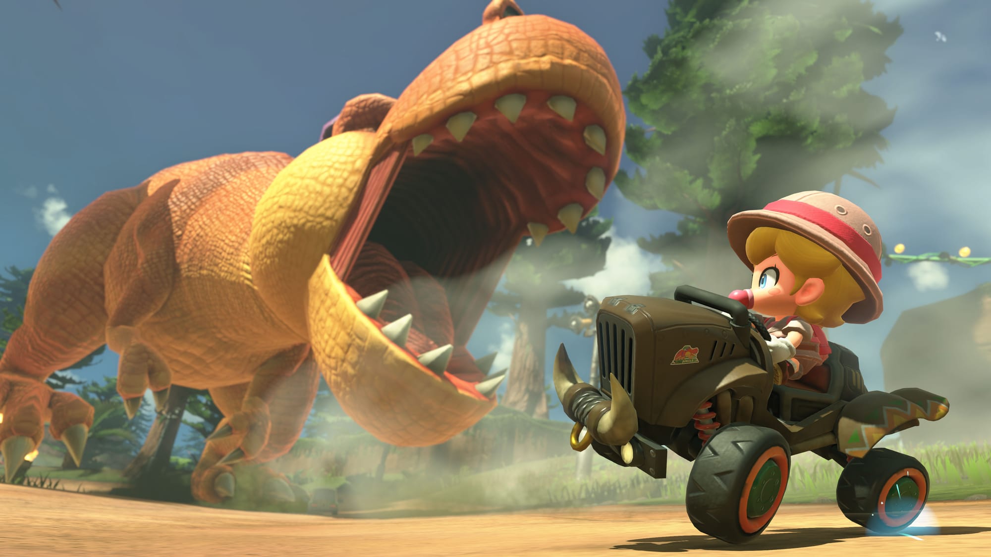 Baby Peach driving near a dinosaur
