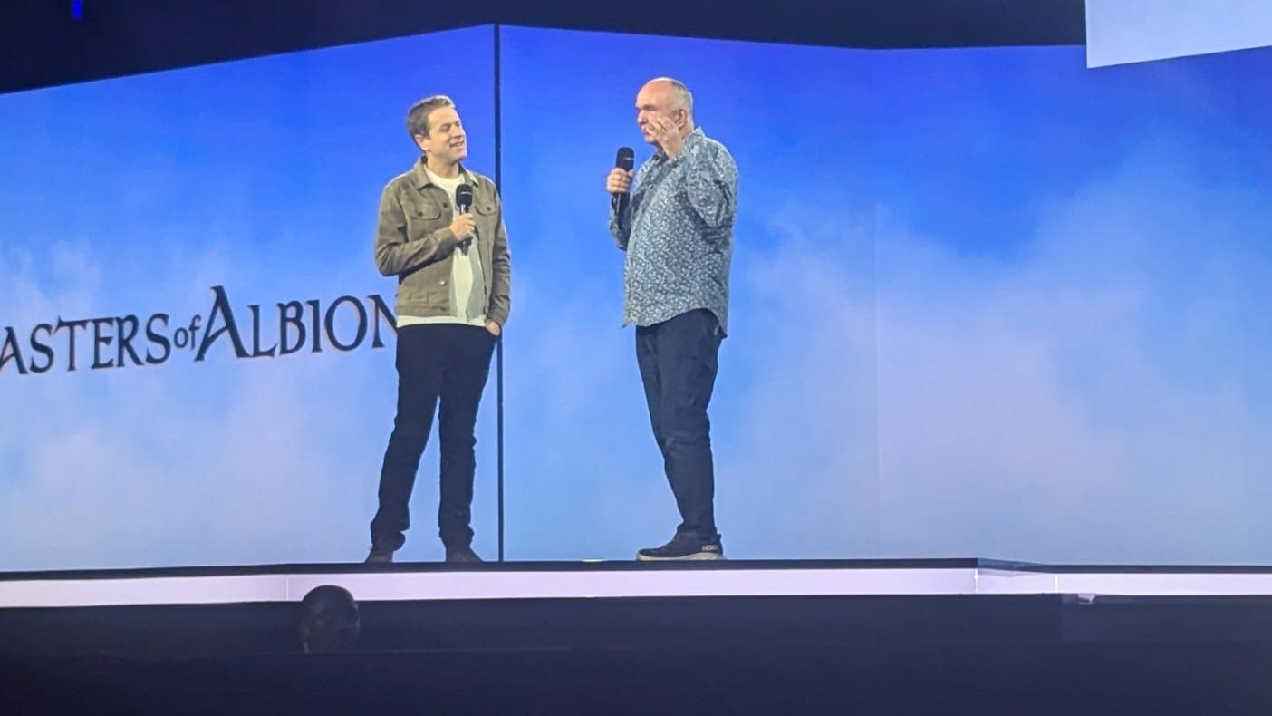 Geoff Keighley and Peter Molyneux on stage at Gamescom 2024.