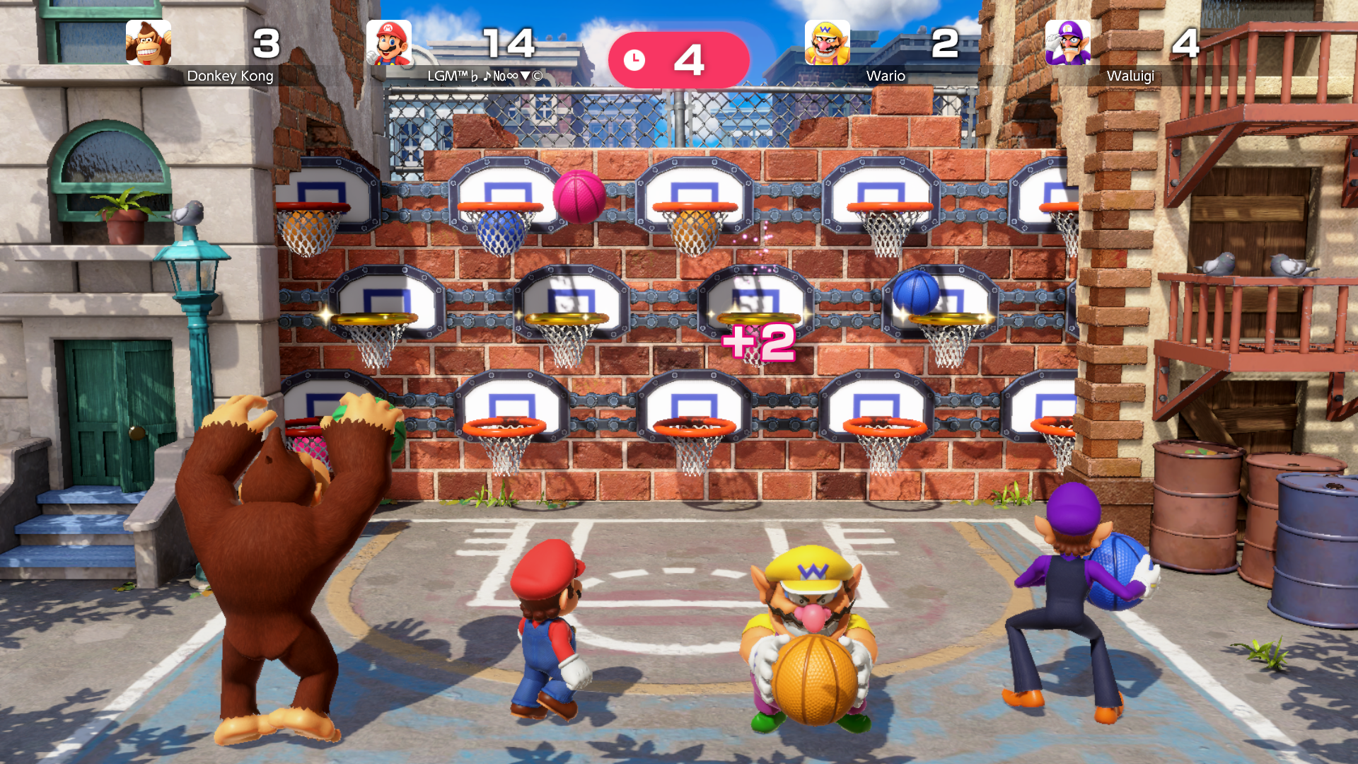 Four characters holding basketballs throwing them into hoops moving along a wall at three different heights