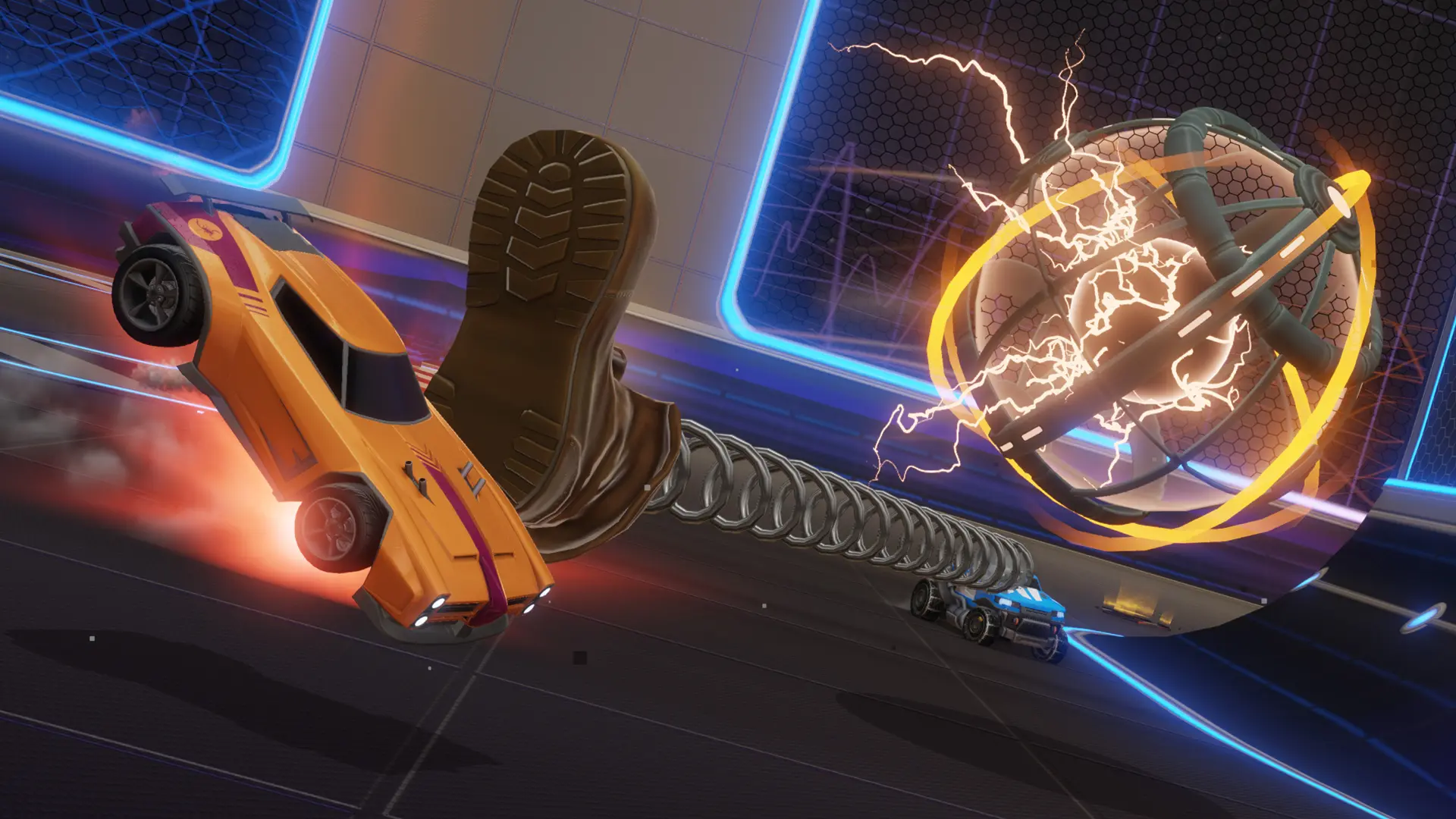 A giant boot on the end of a spring kicking an orange car