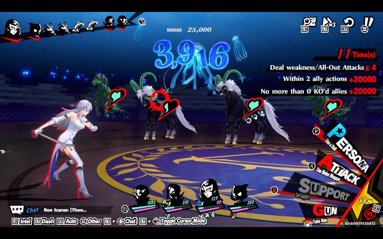 A screenshot of the combat in P5X with an extremely busy UI.