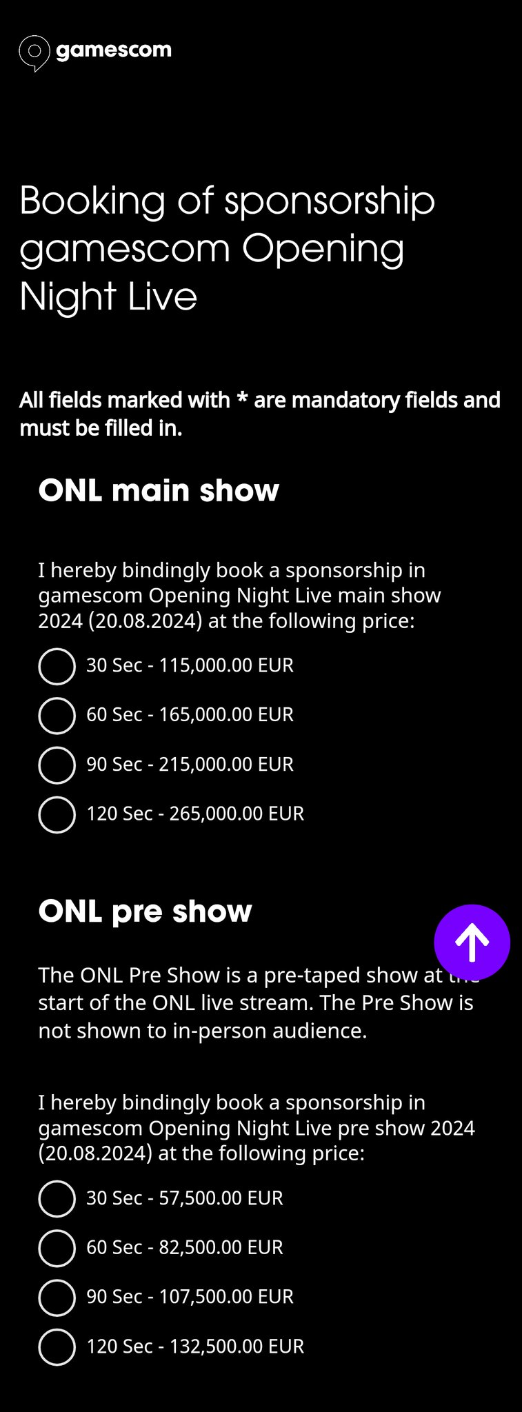 Gamescom ONL 2024 costs. 30 seconds costs €115,000. 60 seconds costs €165,000. 90 seconds €215,000. 120 seconds costs €265,000.