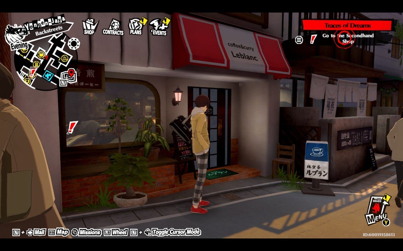 The protagonist of Persona 5: The Phantom X standing in front of Cafe Leblanc.
