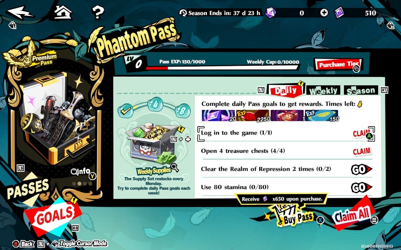 A screenshot of menu showing P5X's Phantom Pass including daily login rewards and a premium pass.