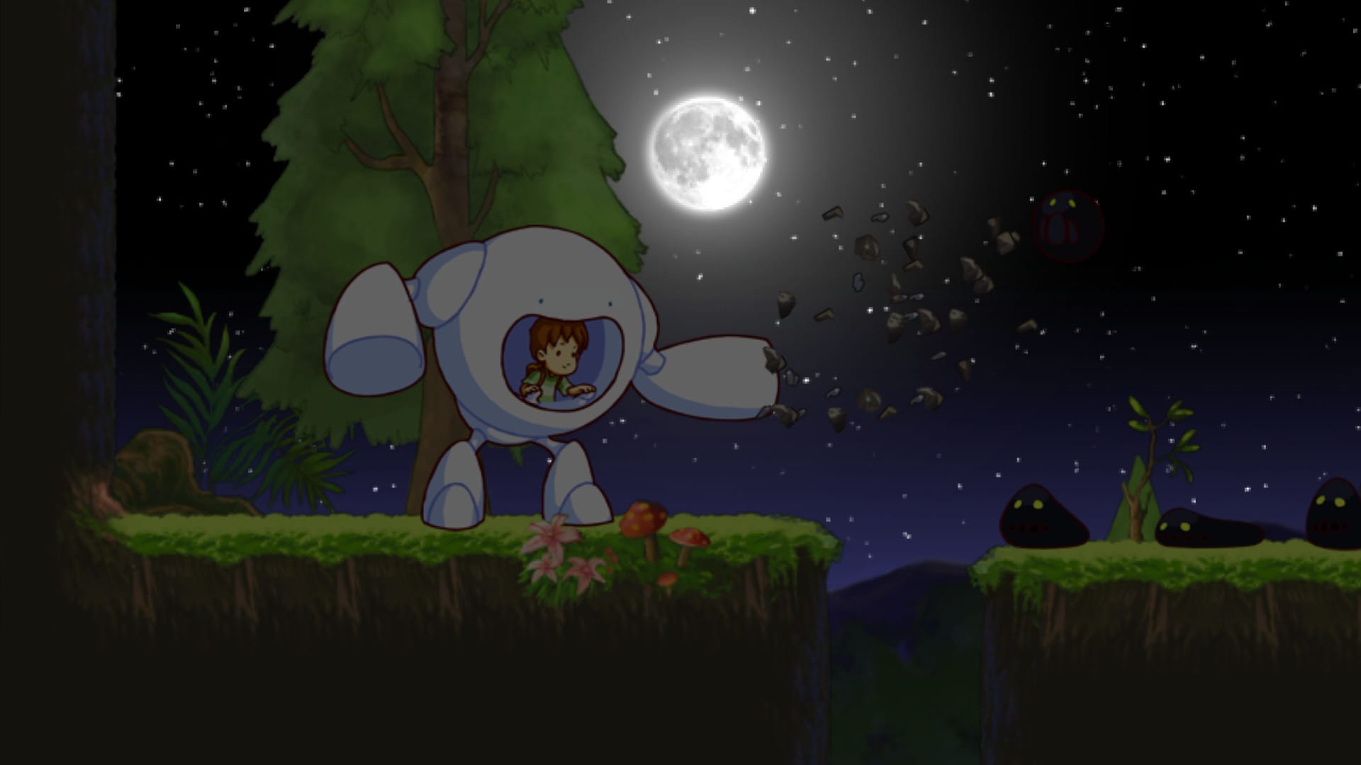 A young boy sitting inside a white blob that's transformed into a mech-like shape