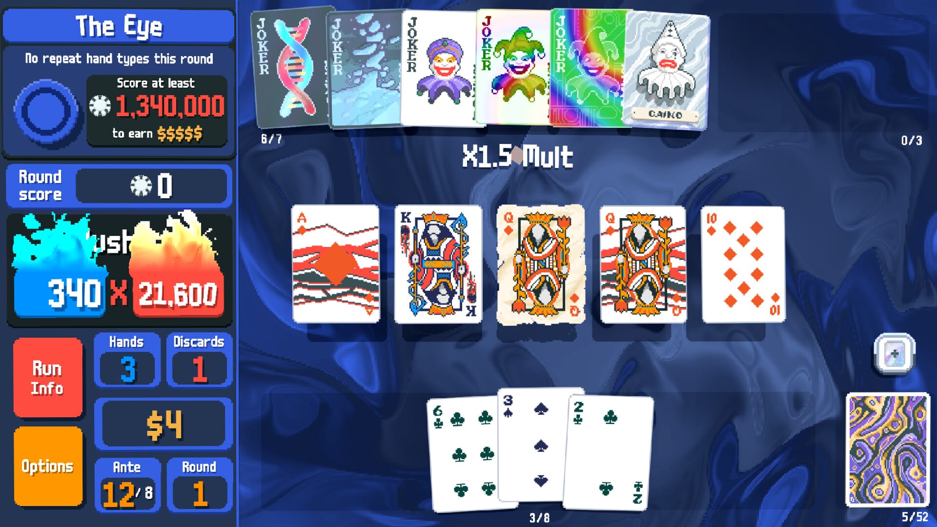 Balatro screenshot where the player has played a royal flush from Ace to 10