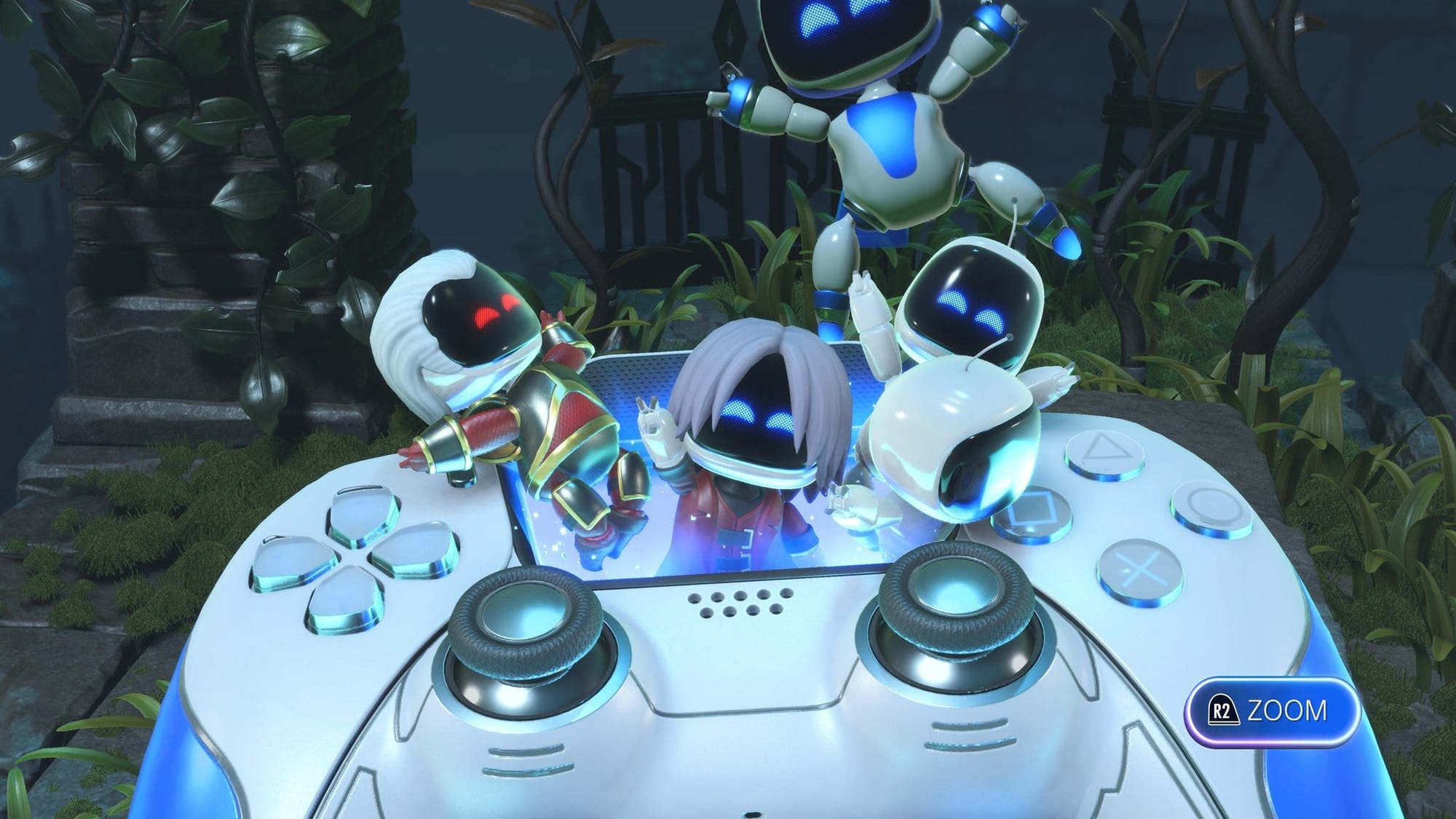 Astro Bot screenshot showing bots hanging out in a controller including one dressed as Devil May Cry's Dante