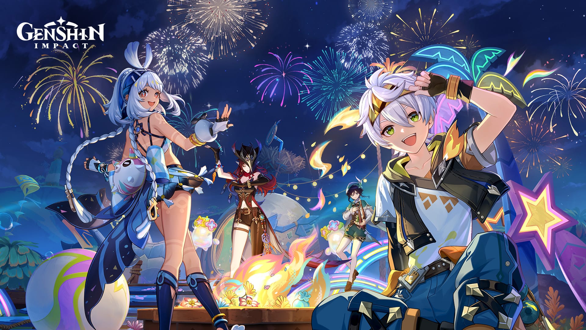 Multiple characters around a campfire as fireworks go off overhead